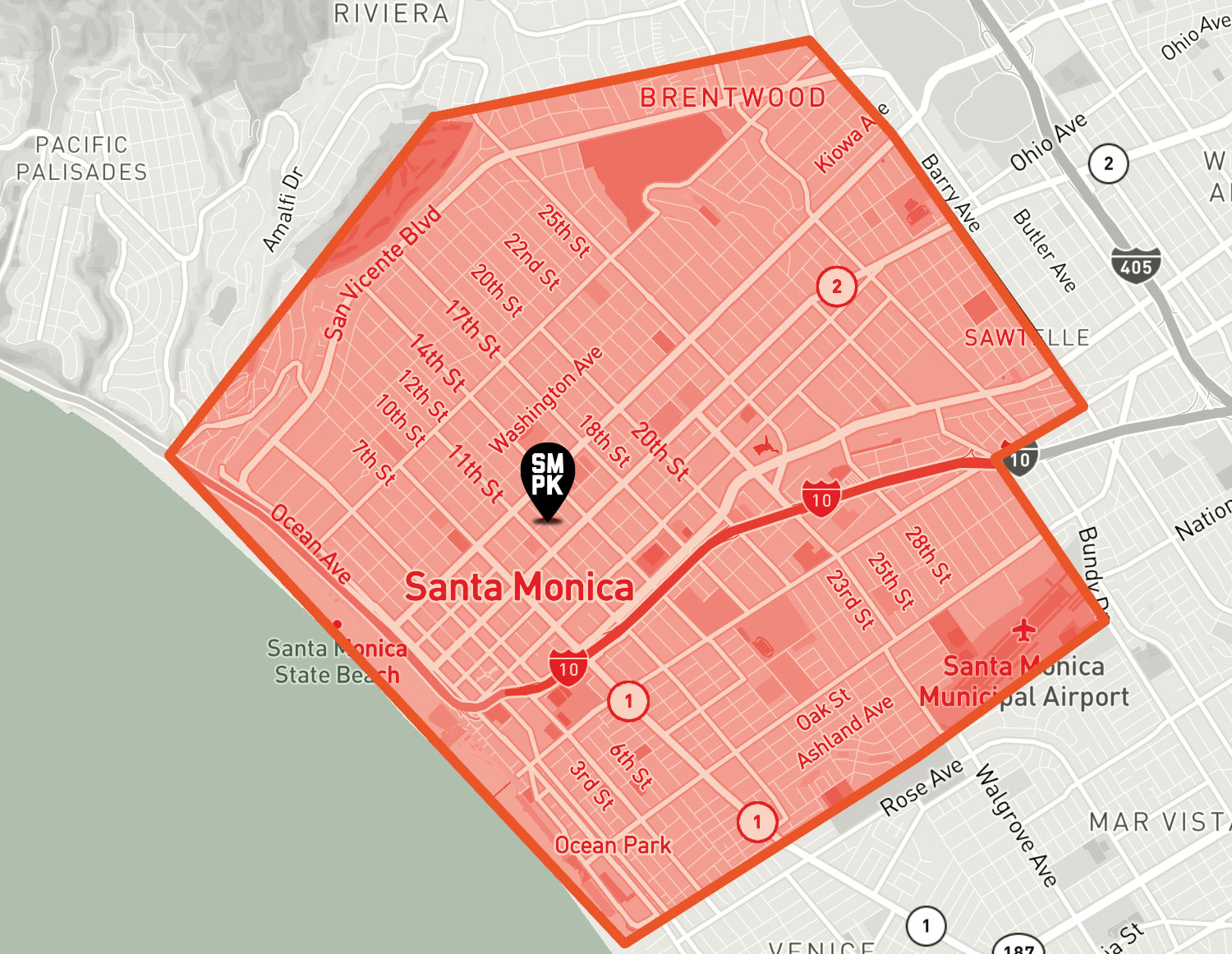 Map of Santa Monica with the delivery zone shaded red: from San Vicente Blvd in the north to Rose Ave in the south, and from the beach east to Centinela Ave and Santa Monica Airport. The restaurant is marked near Wilshire Blvd and 14th St.